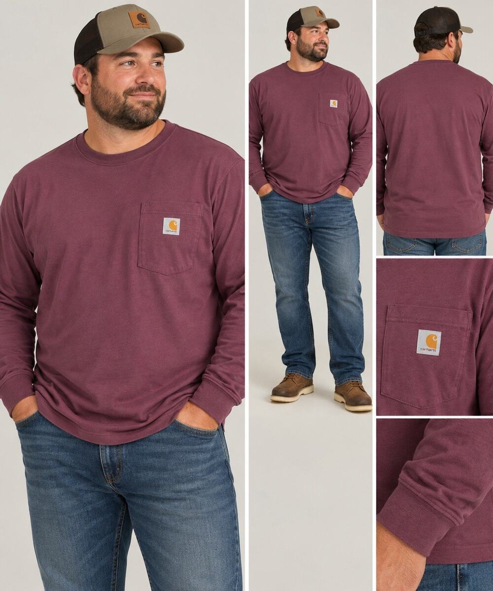 Carhartt Men's Maroon Original Fit Logo Crew Neck Long Sleeve Pocket Tee XL